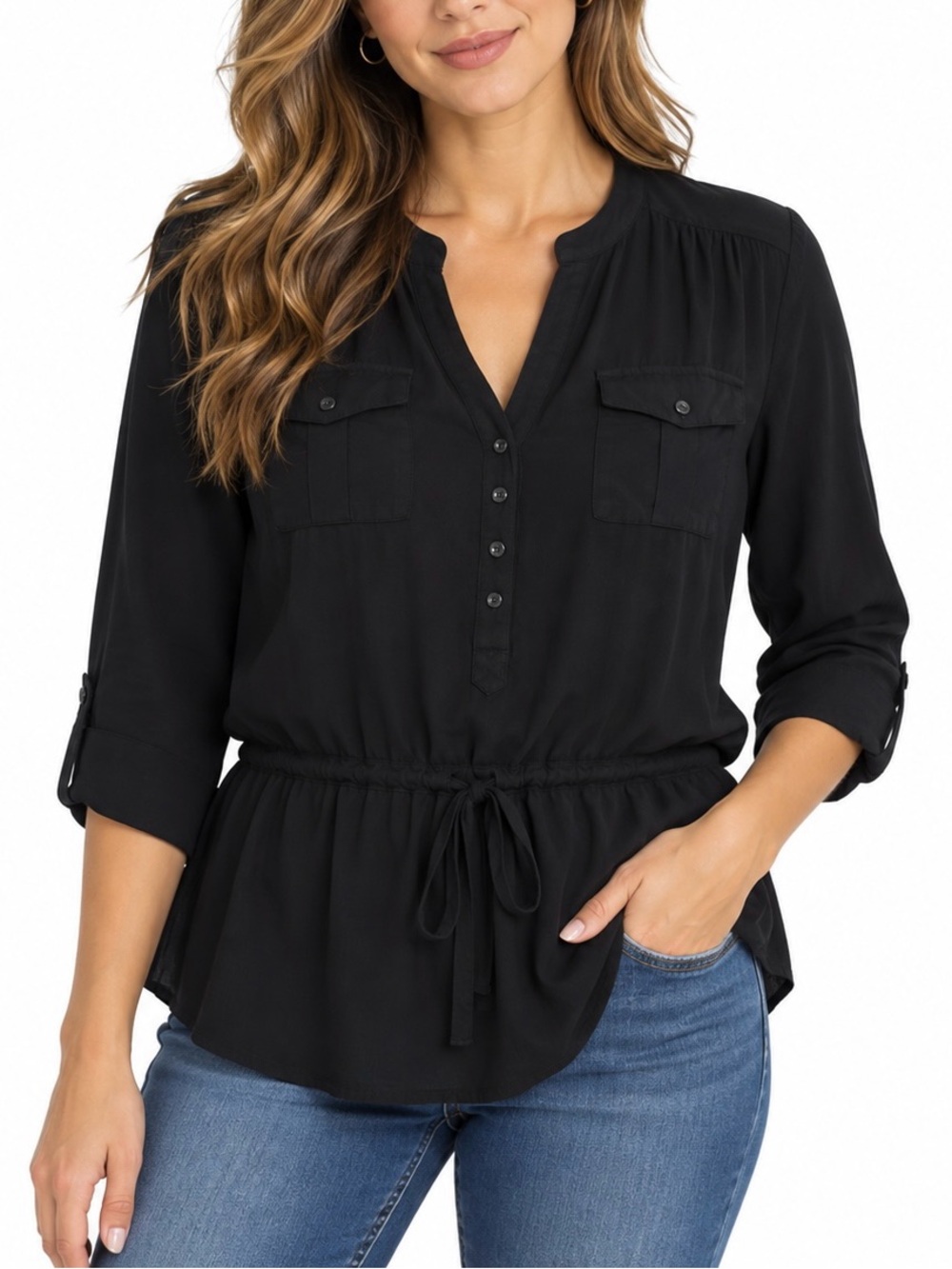 Olive & Oak Black Tunic Blouse XL Drawstring Waist 3/4 Sleeve Utility Top